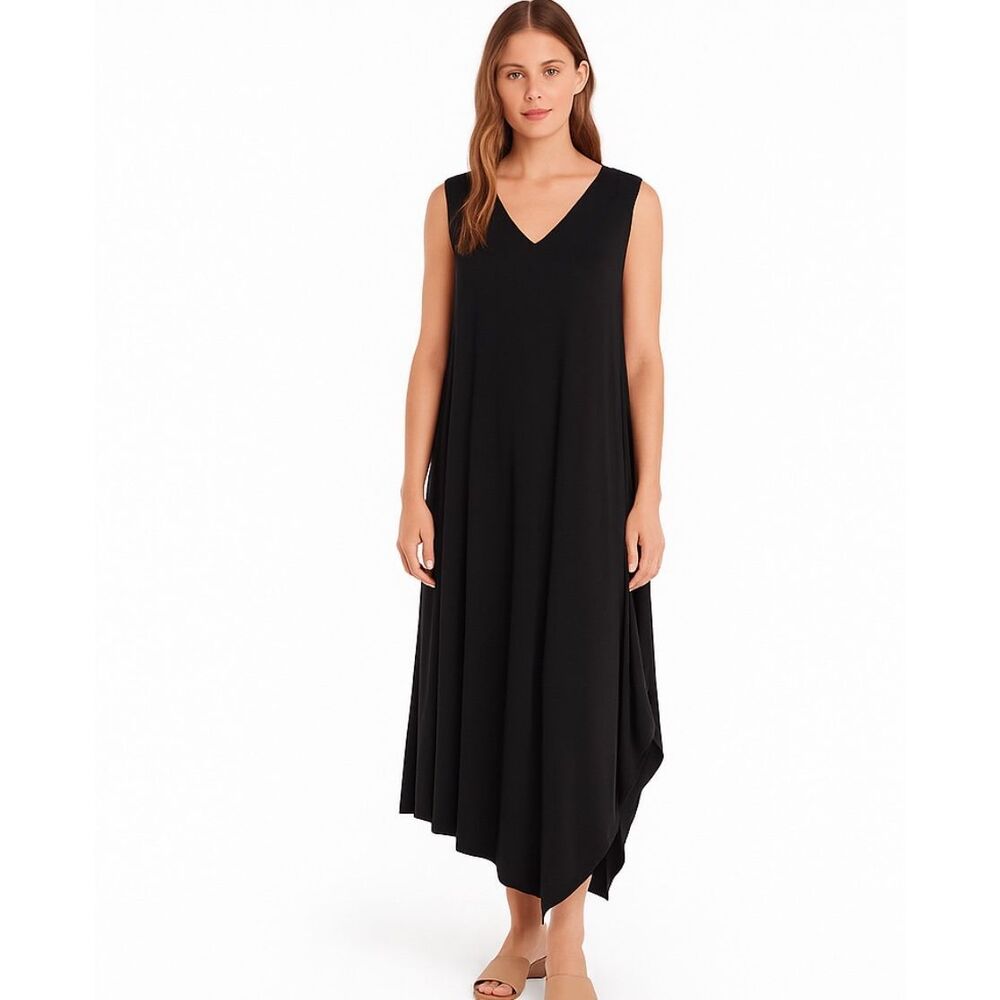 Planet by Lauren G Black Sleeveless Parachute Asymmetrical Lagenlook Maxi Dress